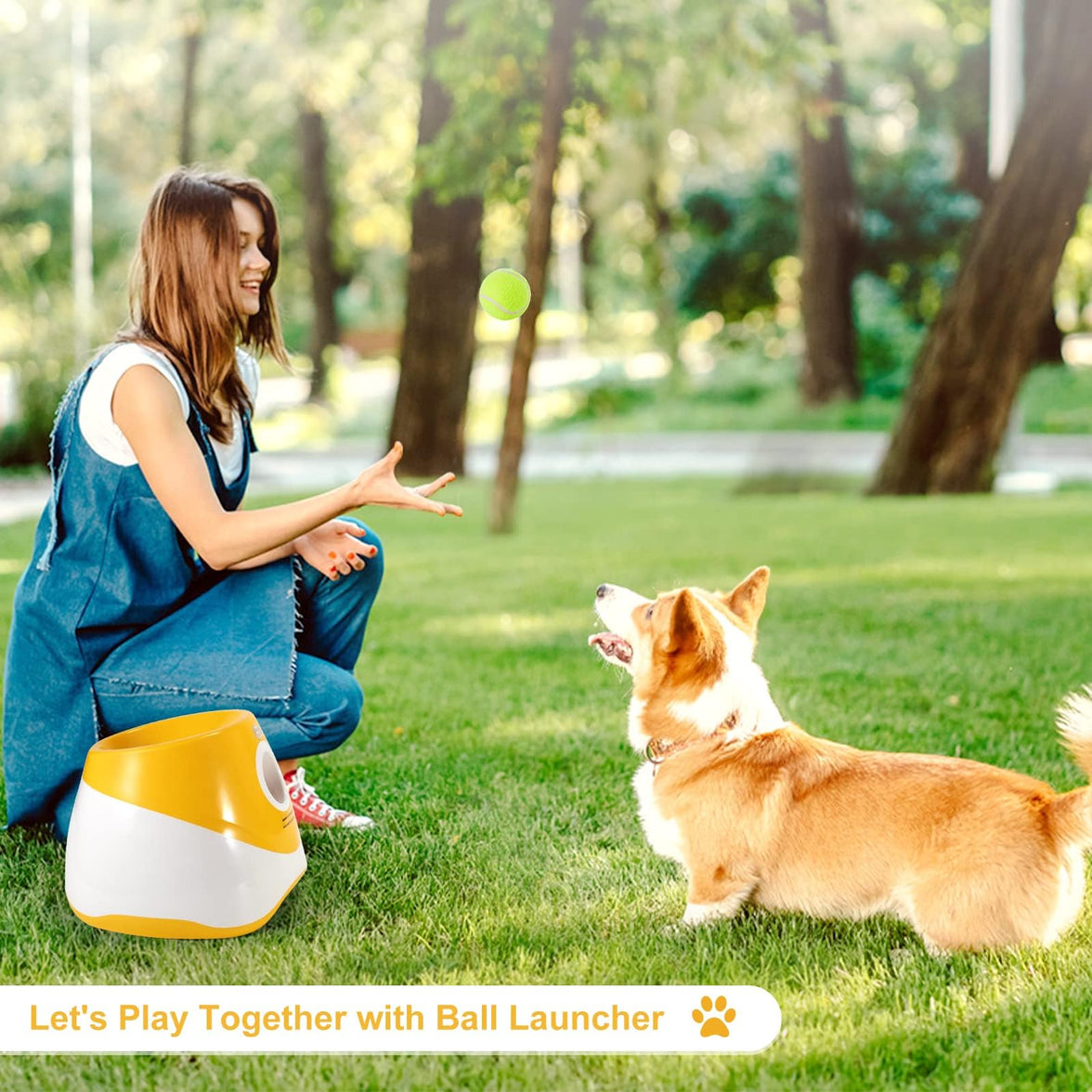 Automatic Dog Ball Launcher with 15 Mini Tennis Balls & Mesh Bag – Rechargeable Pet Toy for Small Dogs, Adjustable Launch Distance, Interactive Play (Orange)