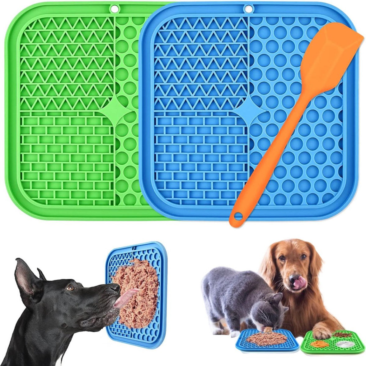 Dog Lick Mat - 2 Pieces - Dog Lick Mat with Suction Cup - Dog Toys - Dog Feeding Mat - Dog Slow Feeder - Cat Lick Mat - Dog Lick Pad - Anti-Gulp Food Bowl - BPA-Free - Dishwasher Safe - Blue and Green with Silicone Spatulas