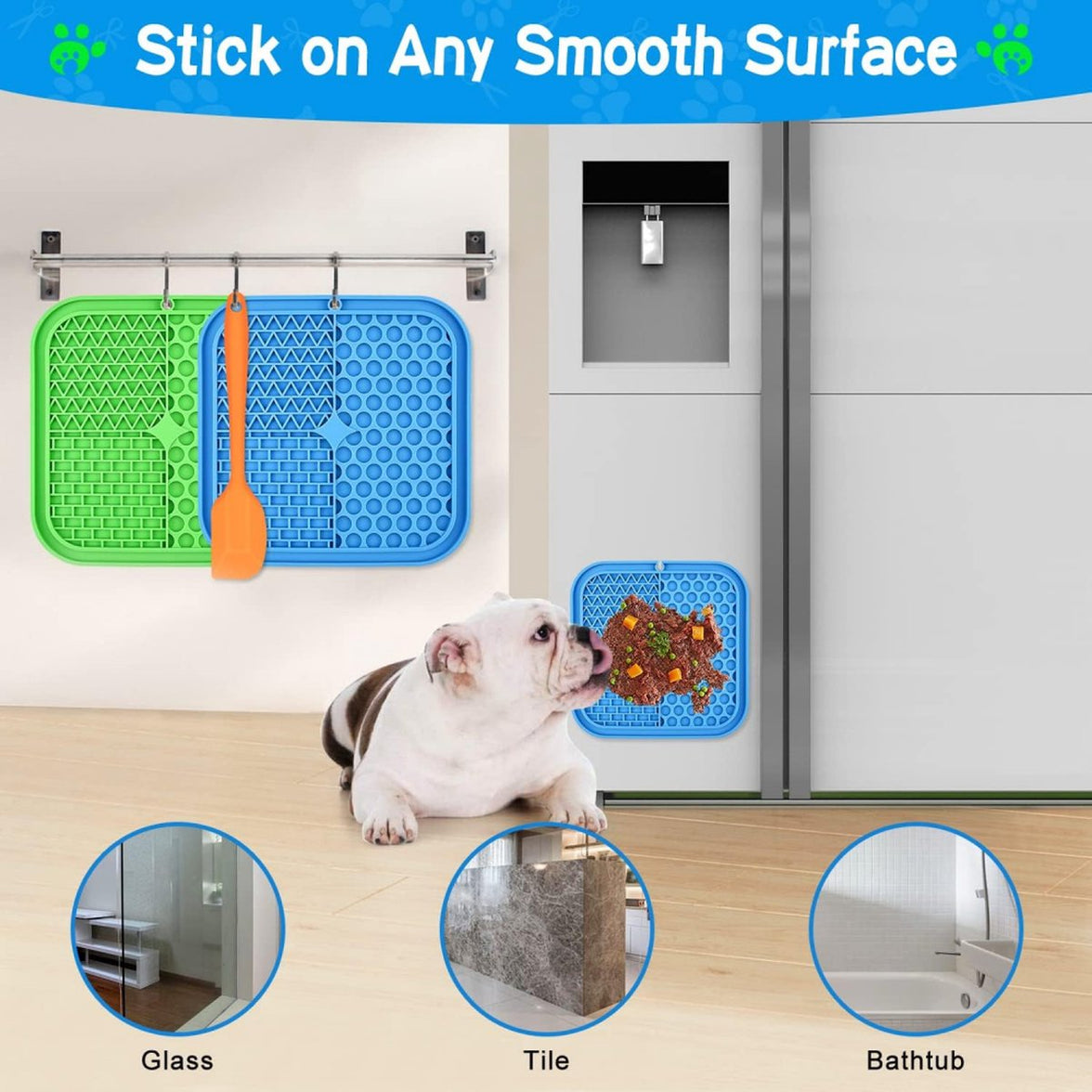 Dog Lick Mat - 2 Pieces - Dog Lick Mat with Suction Cup - Dog Toys - Dog Feeding Mat - Dog Slow Feeder - Cat Lick Mat - Dog Lick Pad - Anti-Gulp Food Bowl - BPA-Free - Dishwasher Safe - Blue and Green with Silicone Spatulas