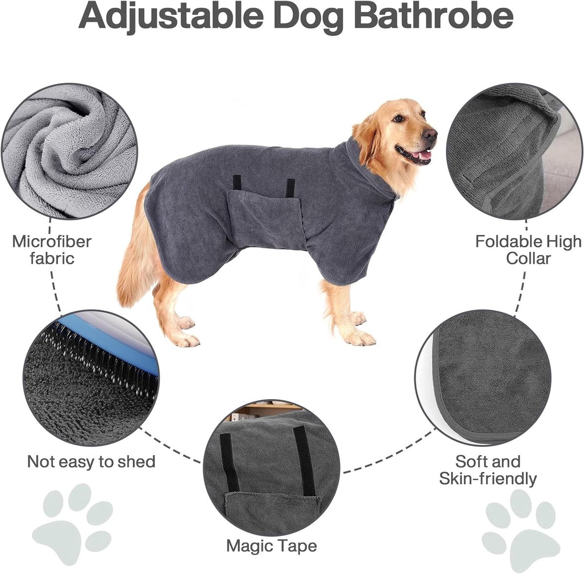 Dog bathrobe - Pet bath towel - Bathrobes for pets - Dog drying coat Bath towel - Dog towel - super absorbent dog towel - with Velcro - adjustable - for large, medium, small dogs - chest circumference 110cm - grey - XL