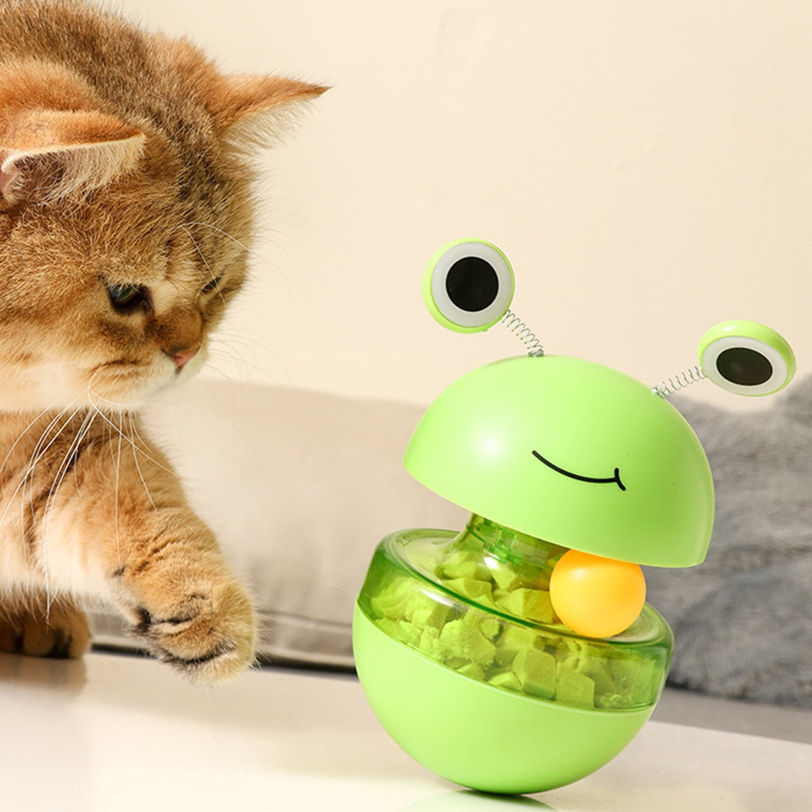 Cat Treat Puzzle, 2 in 1 Pet Slow Feeder Puzzle Ball, Frog Tumbler Cat Treat Toy, and Automatic Slow Feeder Ball for Cat and Kitten Training with Feather & Balls Green