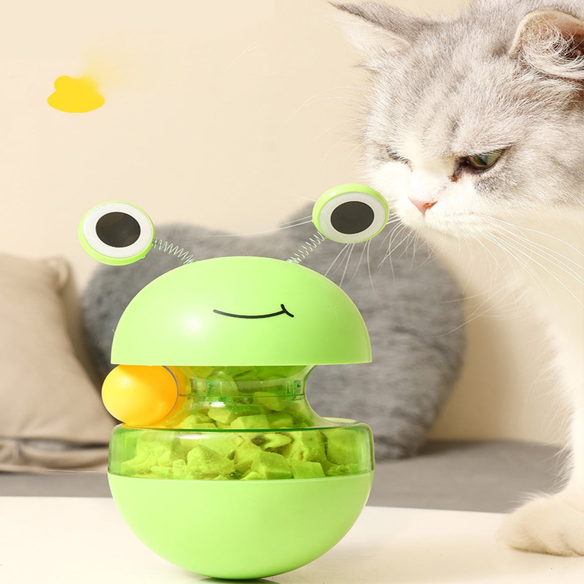 Cat Treat Puzzle, 2 in 1 Pet Slow Feeder Puzzle Ball, Frog Tumbler Cat Treat Toy, and Automatic Slow Feeder Ball for Cat and Kitten Training with Feather & Balls Green