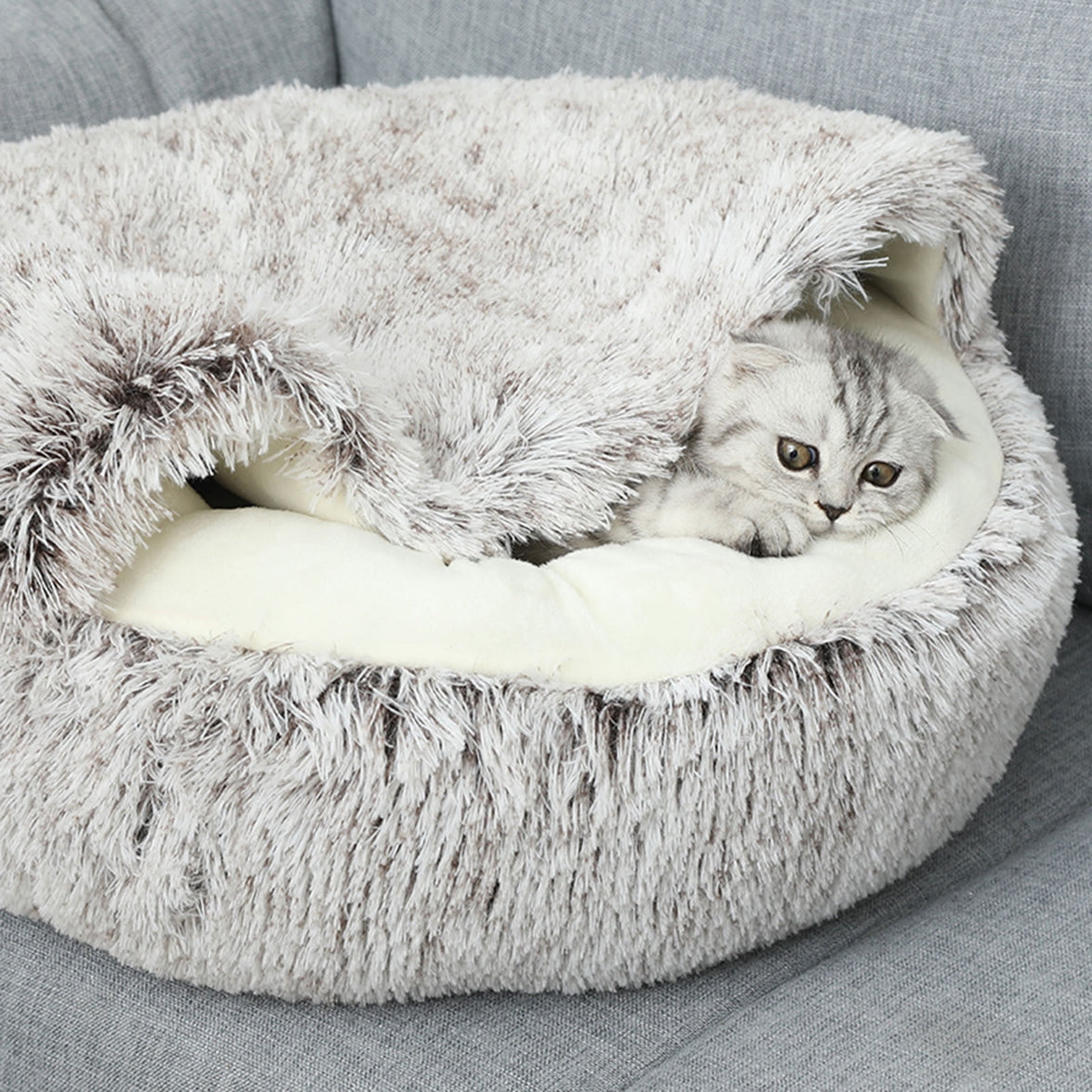 Darzheoy Calming Dog Beds & Cat Cave Bed with Hooded Cover, Removable Washable Round Beds for Small Medium Pets, Anti-Slip Plush Coved Bed for Pet (20"x20") D