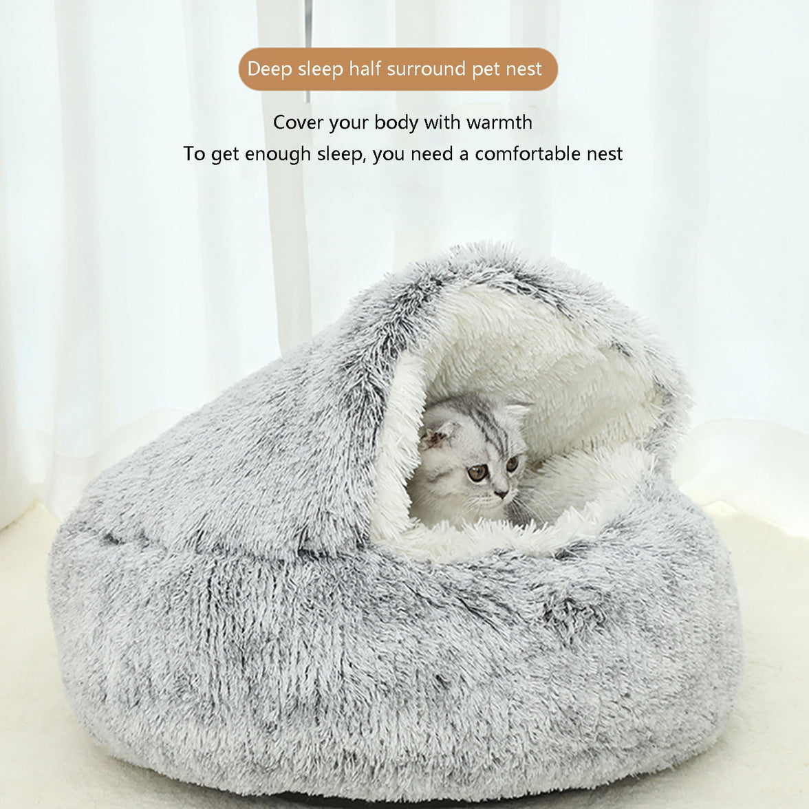 Darzheoy Calming Dog Beds & Cat Cave Bed with Hooded Cover, Removable Washable Round Beds for Small Medium Pets, Anti-Slip Plush Coved Bed for Pet (20"x20") F