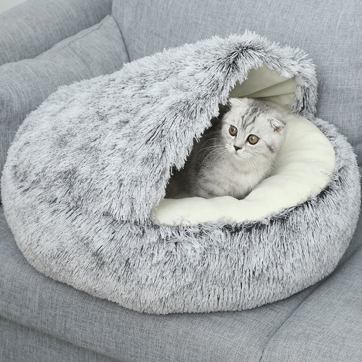 Darzheoy Calming Dog Beds & Cat Cave Bed with Hooded Cover, Removable Washable Round Beds for Small Medium Pets, Anti-Slip Plush Coved Bed for Pet (20"x20") G