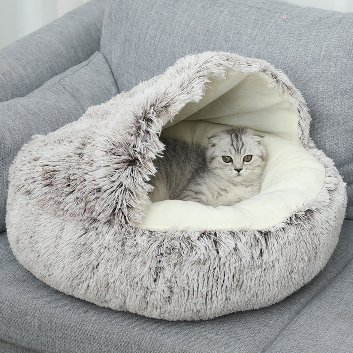 Darzheoy Calming Dog Beds & Cat Cave Bed with Hooded Cover, Removable Washable Round Beds for Small Medium Pets, Anti-Slip Plush Coved Bed for Pet (20"x20") P