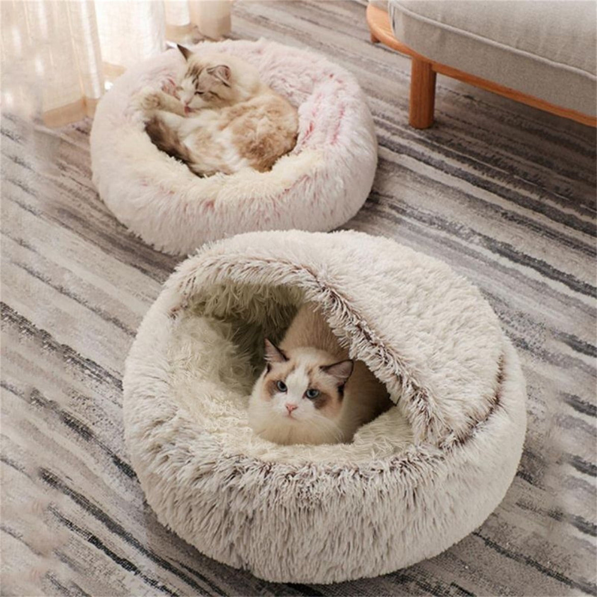 Darzheoy Cat Bed Round Plush Hooded Cat Bed Cave, for Indoor Cats or Small Dog Beds, Calming Pet Beds Calm Anti-nxiety Dog Bed, Waterproof Bottom Washable (16"x16") Gray
