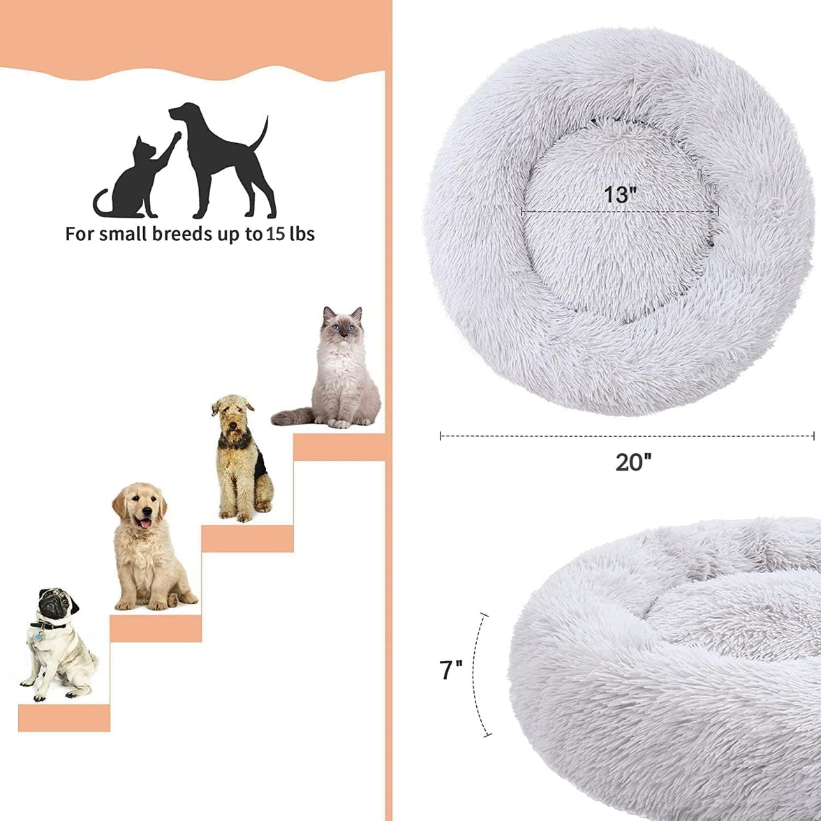 Cat Beds for Indoor Cats - Cat Bed Washable 20 inches, Dog Beds for Small Medium Dogs, Anti Anxiety Round Fluffy Plush Faux Fur Pet Bed, Thick Bottom (Medium, Light Grey)