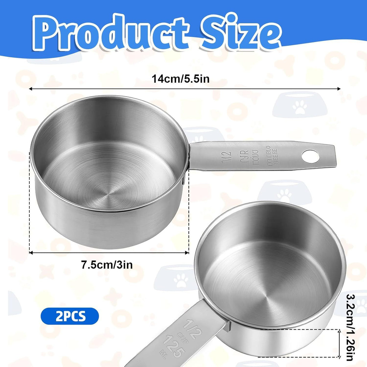 2 PCS 1/2 Cup Dog Food Scoop, 1/2 Cup Measuring Scoop, 125ml Stainless Steel Half Cups Dog Food Scoops for Feeding Pet, Wet and Dry Ingredients, Dishwasher Safe