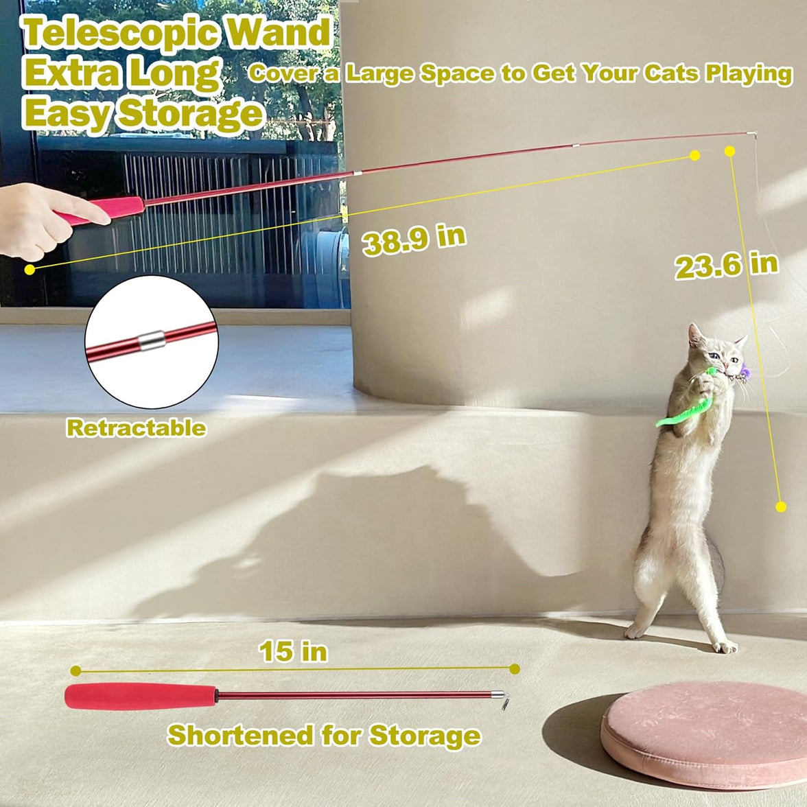 Huidcom Cat Feather Toy Retractable Cat Toys Wand with 2 Wands & 9 Assorted Teaser Refills Interactive Feather Teaser Wand Toy with Bell for Kitten Or Cat Having Fun Exerciser Playing