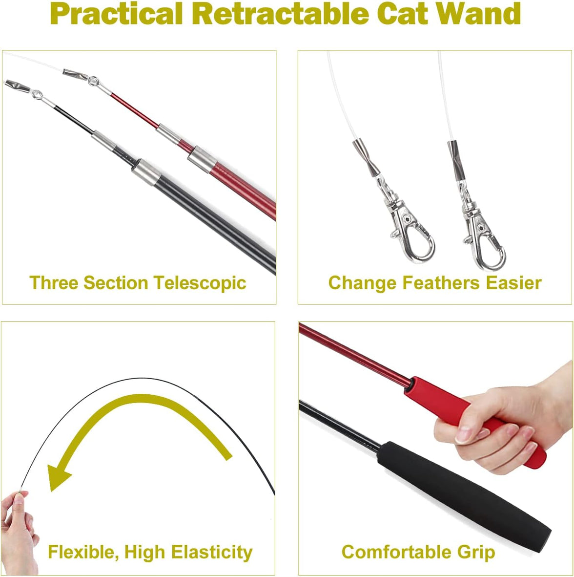 Huidcom Cat Feather Toy Retractable Cat Toys Wand with 2 Wands & 9 Assorted Teaser Refills Interactive Feather Teaser Wand Toy with Bell for Kitten Or Cat Having Fun Exerciser Playing