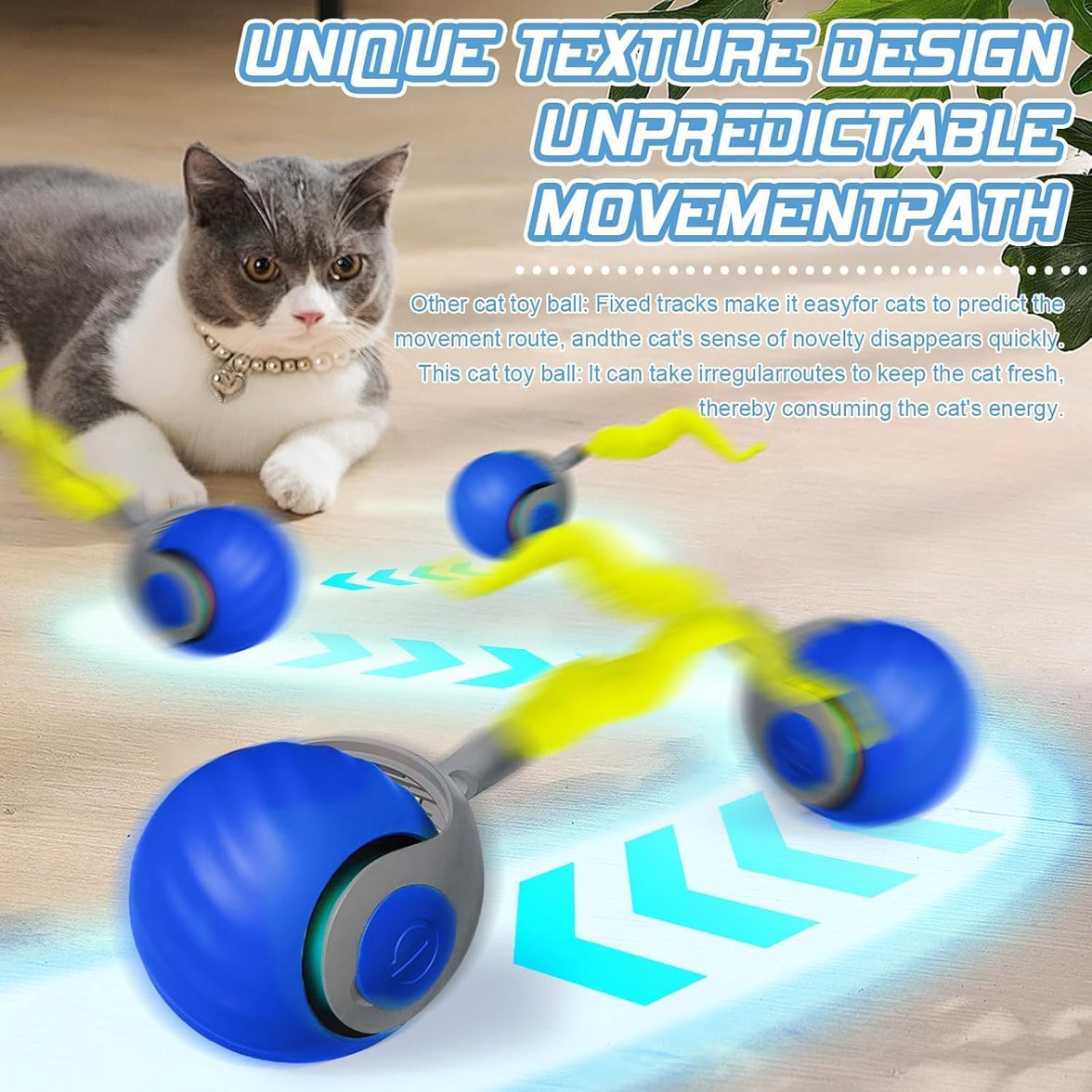 Speedy Ball with Tail Cat Toy, Smart Interactive Toy for Bored Indoor Cats 2 Speeds, Automatic Cat Rolling Ball 2.0 Enrichment Toys, USB Rechargeable Cat Ball，Motion Activated (Blue)