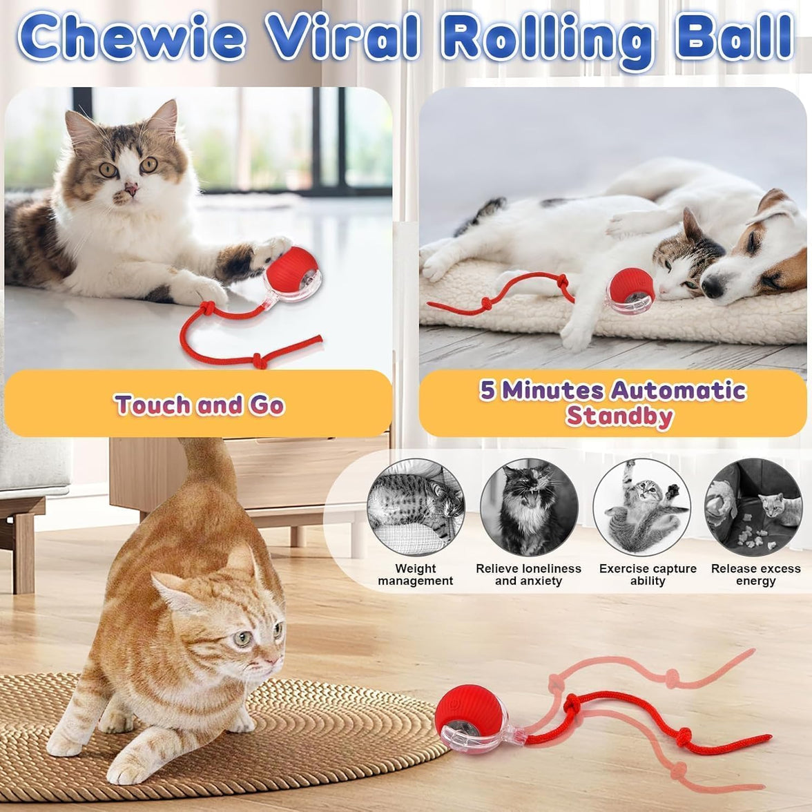 Interactive Rolling Dog Ball, Interactive Cat to-ys Rolling Ball Chewie Viral Dog Ball, Smart Automatic Rolling Pet Ball for Cats Dogs Motion Activated