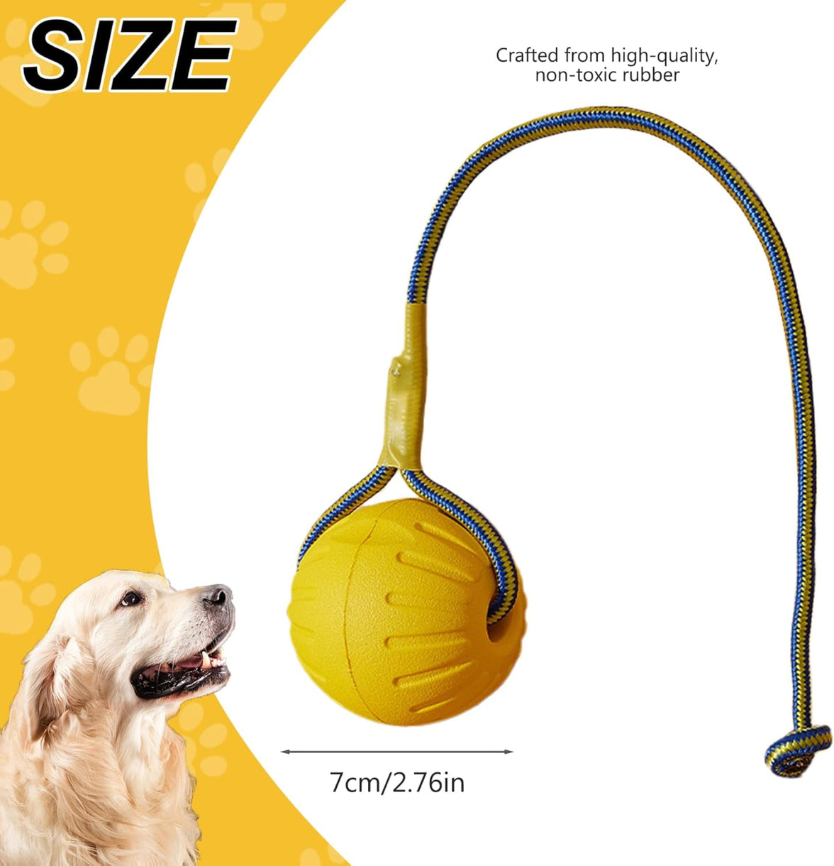Dog Ball on Rope 3 Inch Rubber Ball on Rope Dog Toy Interactive Training Yellow Color Portable Teething Toys for Reward, Fetch, Play