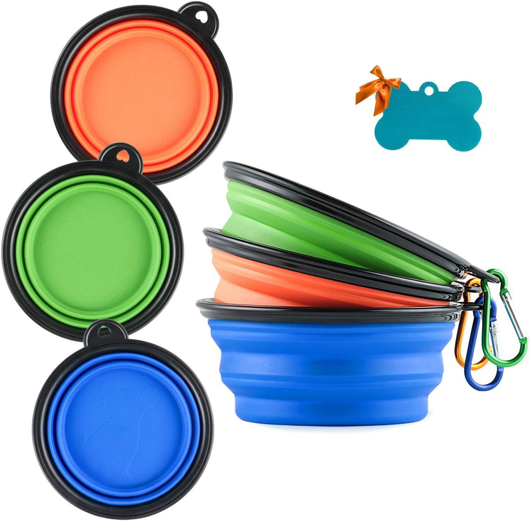 3 Collapsible Silicone Dog Bowl, oldable Expandable Cup Dish or Small Pet Cat ood Water eeding Portable Travel Bowl, Pet ID-Tag