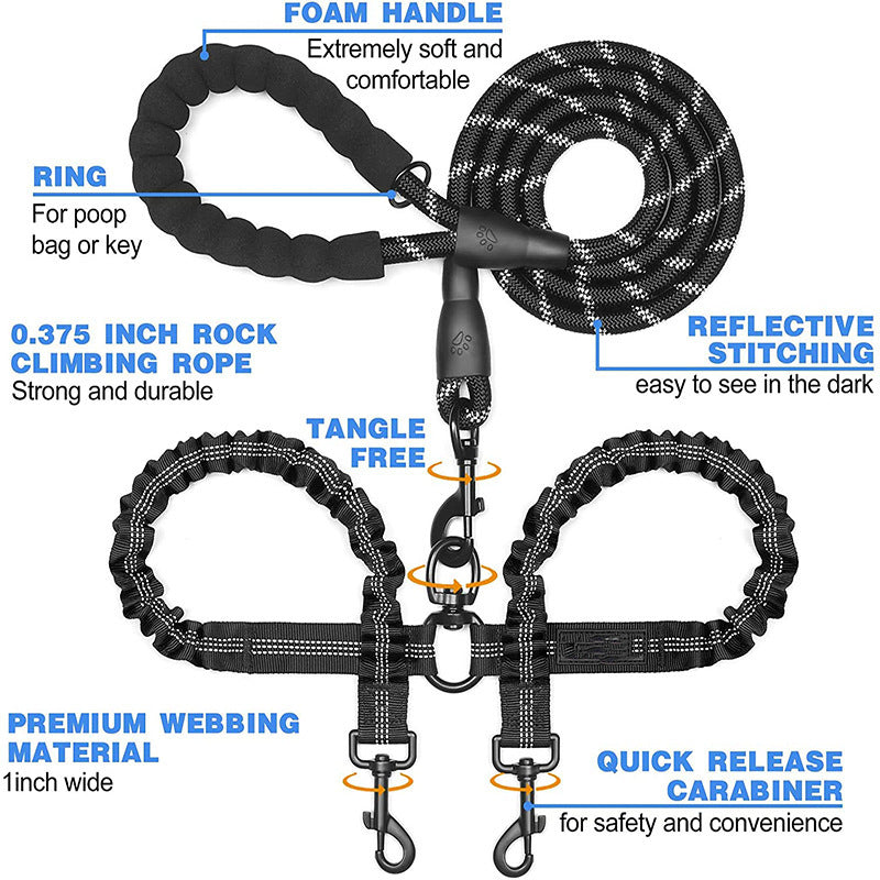 Orange Pet Double-Ended Rope + 1.5M Leash - Easy to walk two dogs, tangle-free design