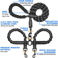 Black Pet Double-Ended Rope + 1.5M Leash - Easy to walk two dogs, tangle-free design