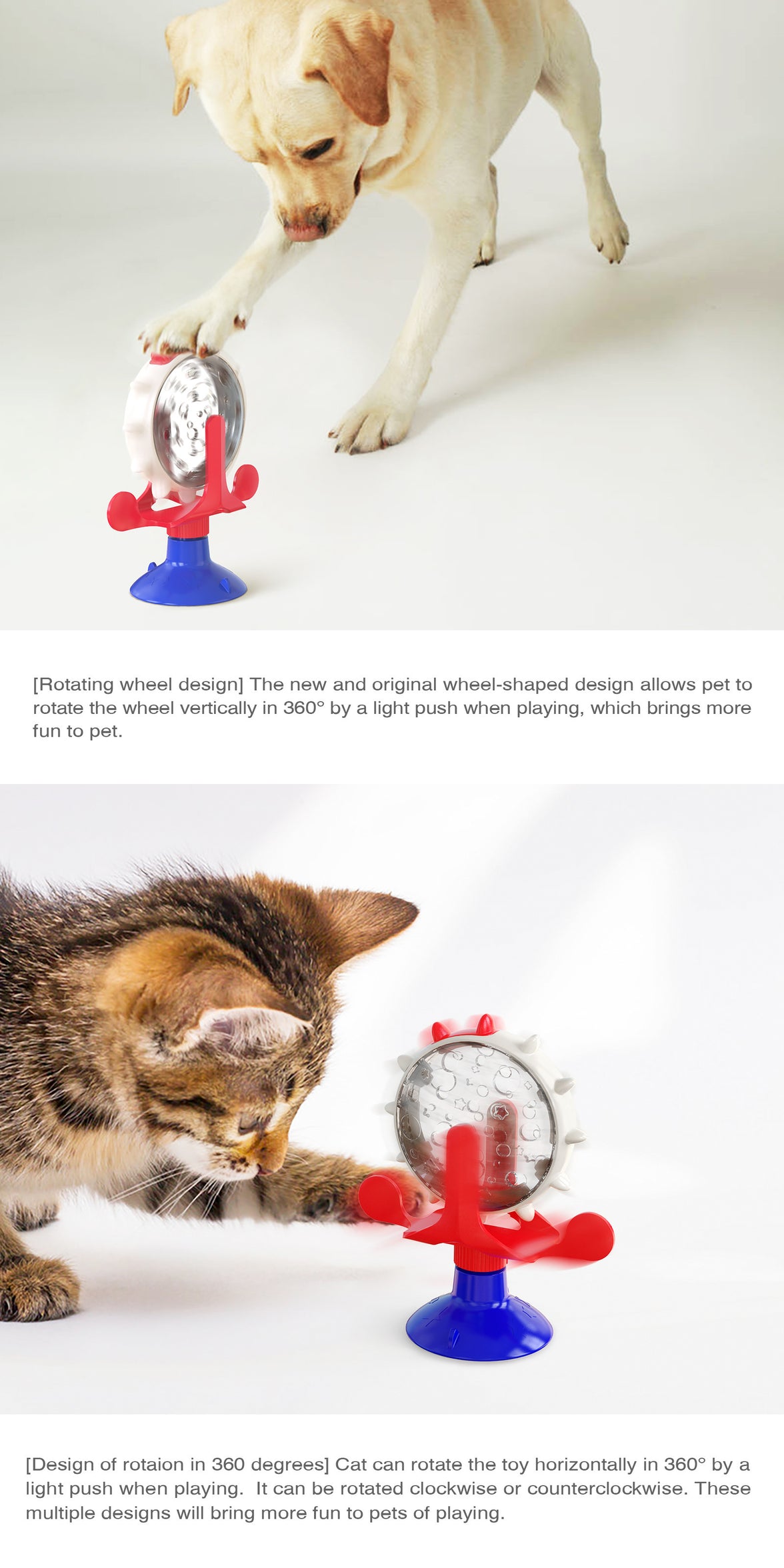 Red,Blue and White Interactive Pet Treat Dispenser - Spinning Wheel Food Puzzle Toy for Cats & Dogs with Suction Cup Base