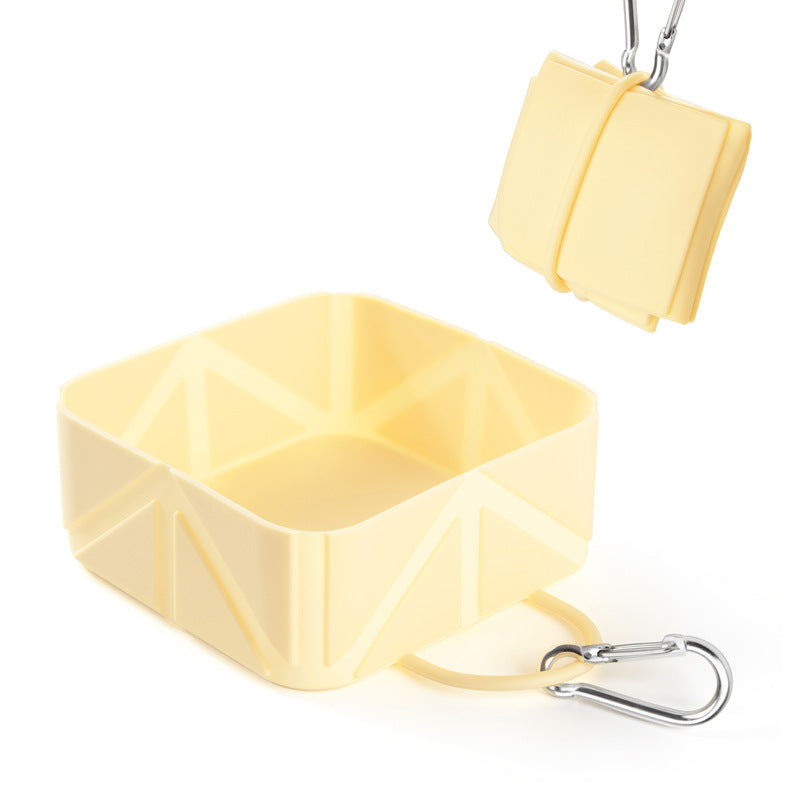 2 Pcs Yellow Portable 500ml Collapsible Square Pet Bowl - Silicone Travel Feeder with Carabiner Clip for Dogs & Cats - Lightweight for Camping & Hiking