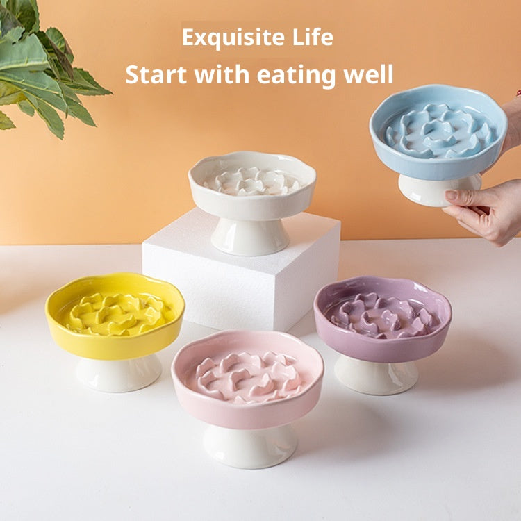 Blue Ceramic Elevated Slow Feeder Bowl Raised Pet Dish 310ml Anti-Vomit Puzzle Design for Cats and Small Dogs Healthy Digestion Sturdy Base