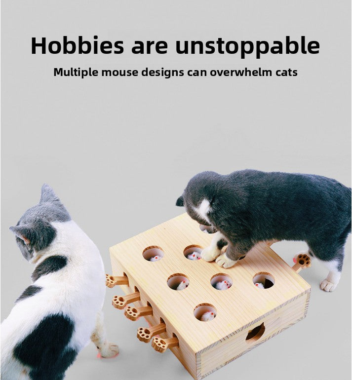 Interactive Wooden Cat Toy Whack-A-Mole Box - Solid Pine Cloud Puzzle with Pop-Up Cartoon Figures - Mental Enrichment & Bonding Game for Indoor Cats