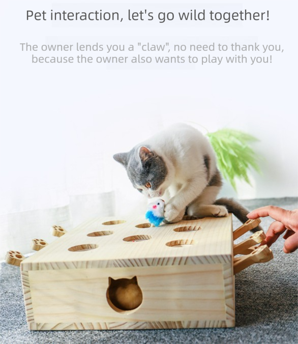 Interactive Wooden Cat Toy Whack-A-Mole Box - Solid Pine Cloud Puzzle with Pop-Up Cartoon Figures - Mental Enrichment & Bonding Game for Indoor Cats