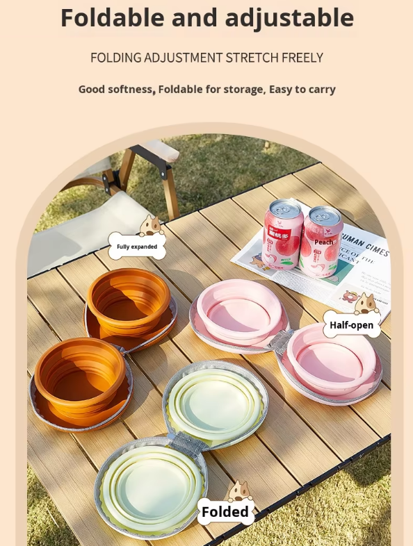 Portable Silicone Double Pet Bowl - Collapsible Travel Dog Feeder for Food & Water - 2 x 450ml Capacity with Zipper Case - Light Yellow