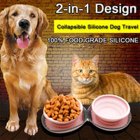 Portable Silicone Double Pet Bowl - Collapsible Travel Dog Feeder for Food & Water - 2 x 450ml Capacity with Zipper Case - Brown & Yellow