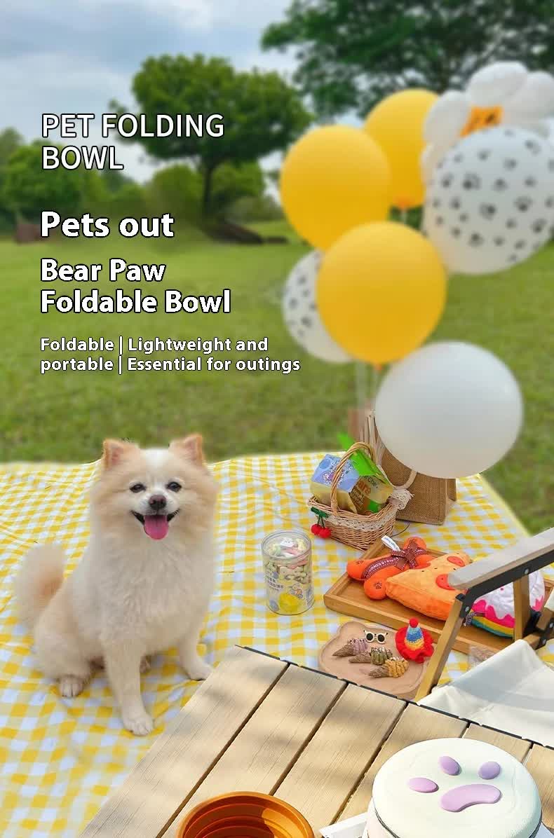 Portable Silicone Double Pet Bowl - Collapsible Travel Dog Feeder for Food & Water - 2 x 450ml Capacity with Zipper Case - Brown & Yellow