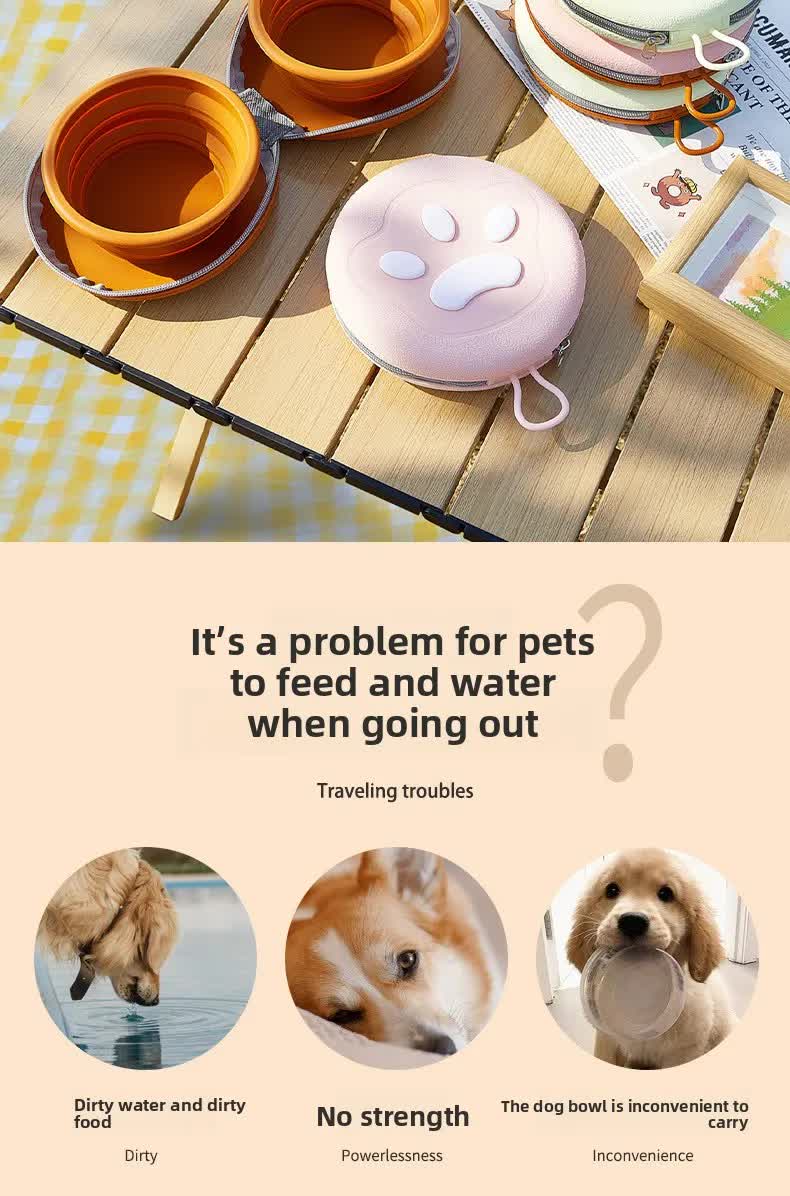 Portable Silicone Double Pet Bowl - Collapsible Travel Dog Feeder for Food & Water - 2 x 450ml Capacity with Zipper Case - Brown & Yellow