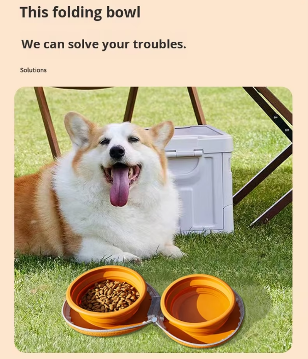 Portable Silicone Double Pet Bowl - Collapsible Travel Dog Feeder for Food & Water - 2 x 450ml Capacity with Zipper Case - Brown & Yellow