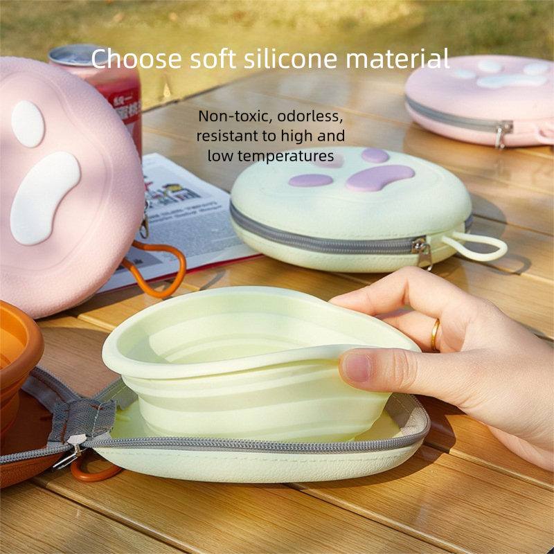 Pink Portable Foldable Dual Bowl for Pets – Silicone Feeding and Water Dish with Compact Storage Design