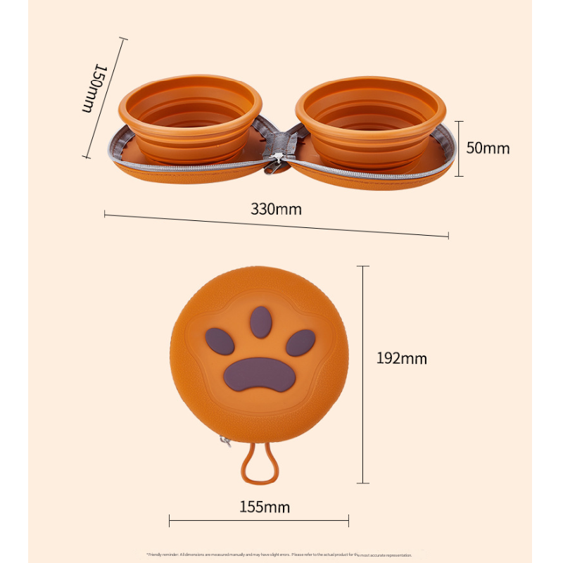 Brown and yellow Portable Foldable Dual Bowl for Pets – Silicone Feeding and Water Dish with Compact Storage Design