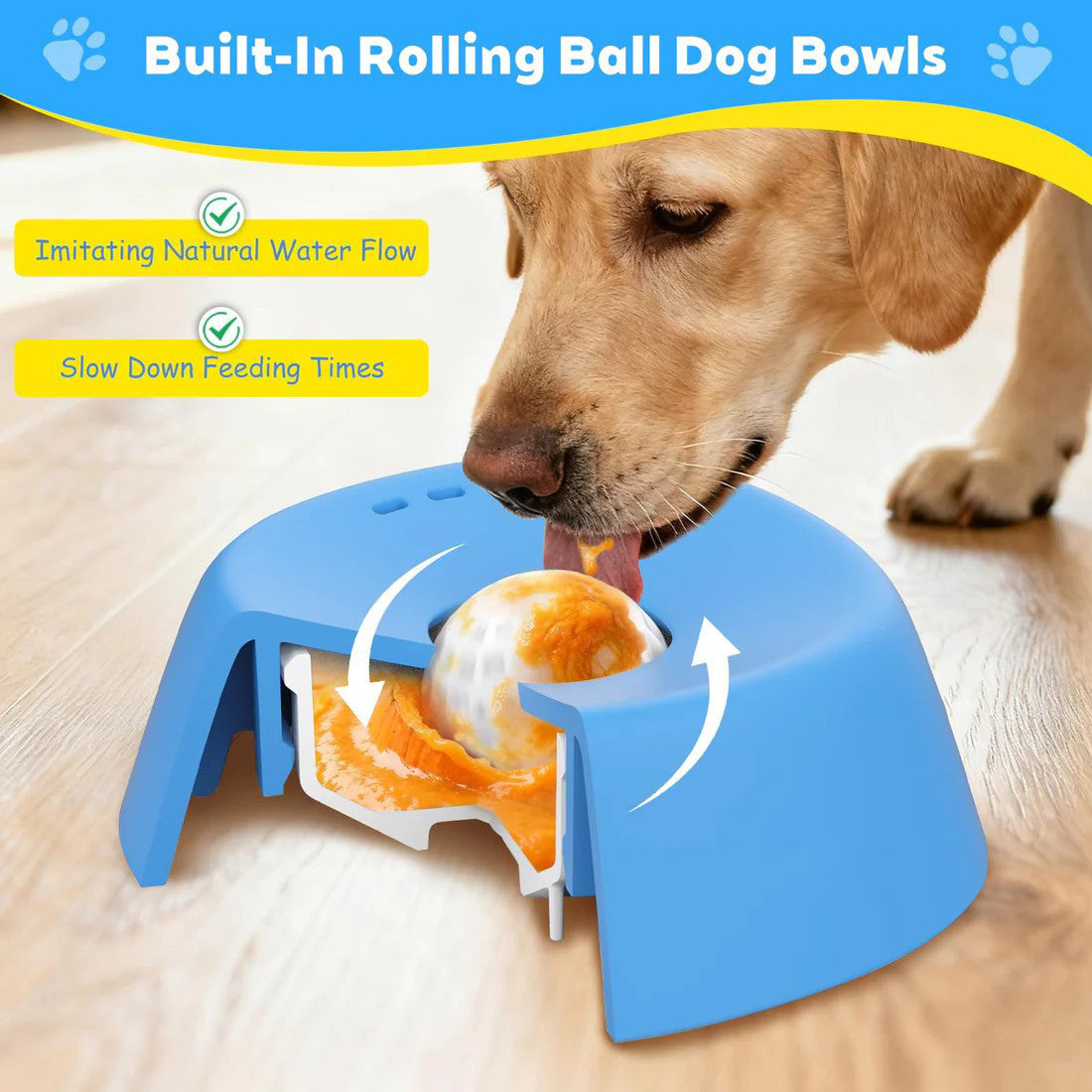 Yellow bowl with orange ball Slow Feeding Dog Bowl with Built-In Rolling Ball – Anti-Spill Pet Lick Dish for Healthy Eating Habits