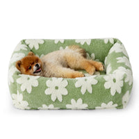 76x60x20 CM Cute Square Plush Pet Bed with Removable Cover & 5 Bolsters Support - Green Daisies Machine Washable Calming Dog & Cat Sofa