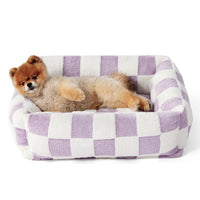 91x68x20 CM Cute Square Plush Pet Bed with Removable Cover & 5 Bolsters Support - Purple Plaid Machine Washable Calming Dog & Cat Sofa