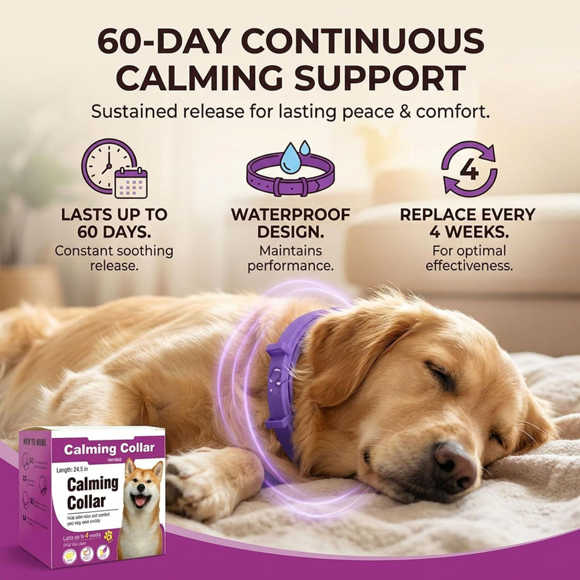 Purple Pet Calming Collar 4 Pack (38cm) - Waterproof Silicone Cat Collar Custom Fit for All Breeds - Anxiety Relief & Stress Reduction