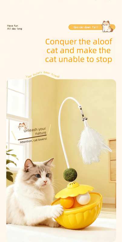 Pink 2Pcs Interactive Cat Wobble Toy Set - Dual Ball Turntable & Feeder with Feather Teaser and Catnip Ball - PP Plastic for Kitten Self-Entertainment