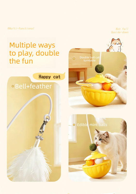 Yellow 2Pcs Interactive Cat Wobble Toy Set - Dual Ball Turntable & Feeder with Feather Teaser and Catnip Ball - PP Plastic for Kitten Self-Entertainment