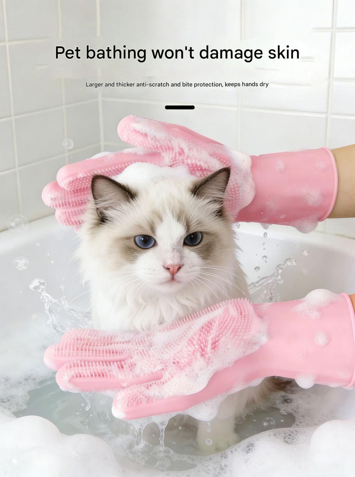 Grey Silicone Pet Bathing Gloves - Pink Double-Sided Design for Cats and Dogs - Gentle Massage, Easy Lather, Durable and Waterproof, Ideal for Pet Grooming and Home Use